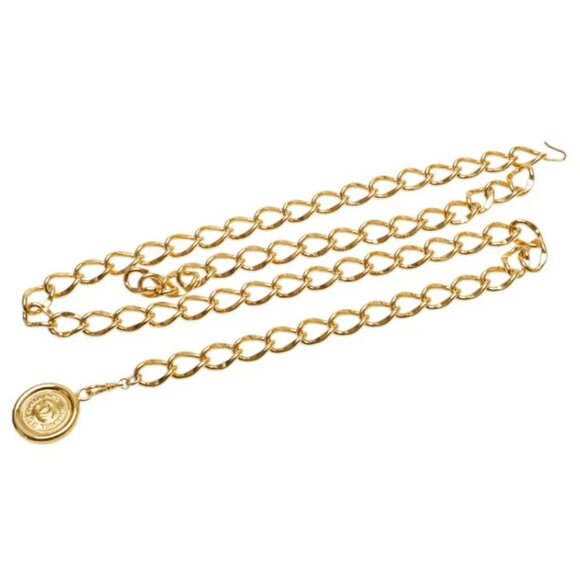 CHANEL CC Logo Medal Coin Charm Belt 35" Gold Tone Auth w/Box - Picture 9 of 14
